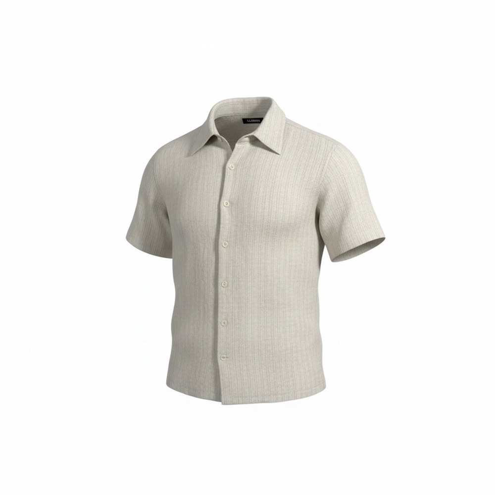 Claiborne‎ Mens Linen Blend Short Sleeve Button Up Shirt Cream Stripe Size L